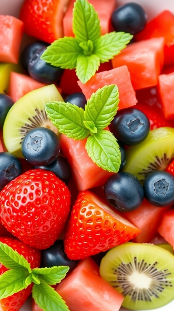 A colorful fruit salad with strawberries, blueberries, kiwi, and watermelon garnished with mint leaves.